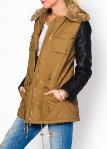 - 38% SALE Kurtka parka skórzane rękawy